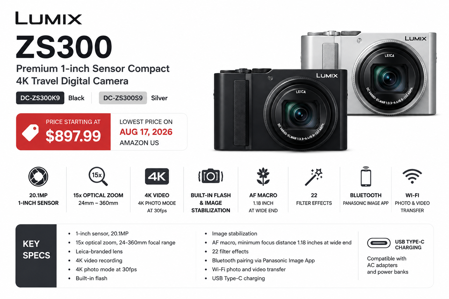 Panasonic LUMIX ZS300 (DC-ZS300K9/DC-ZS300S9) Compact 4K Camera Launched in the US [ 15x Zoom, 1-inch Sensor ]